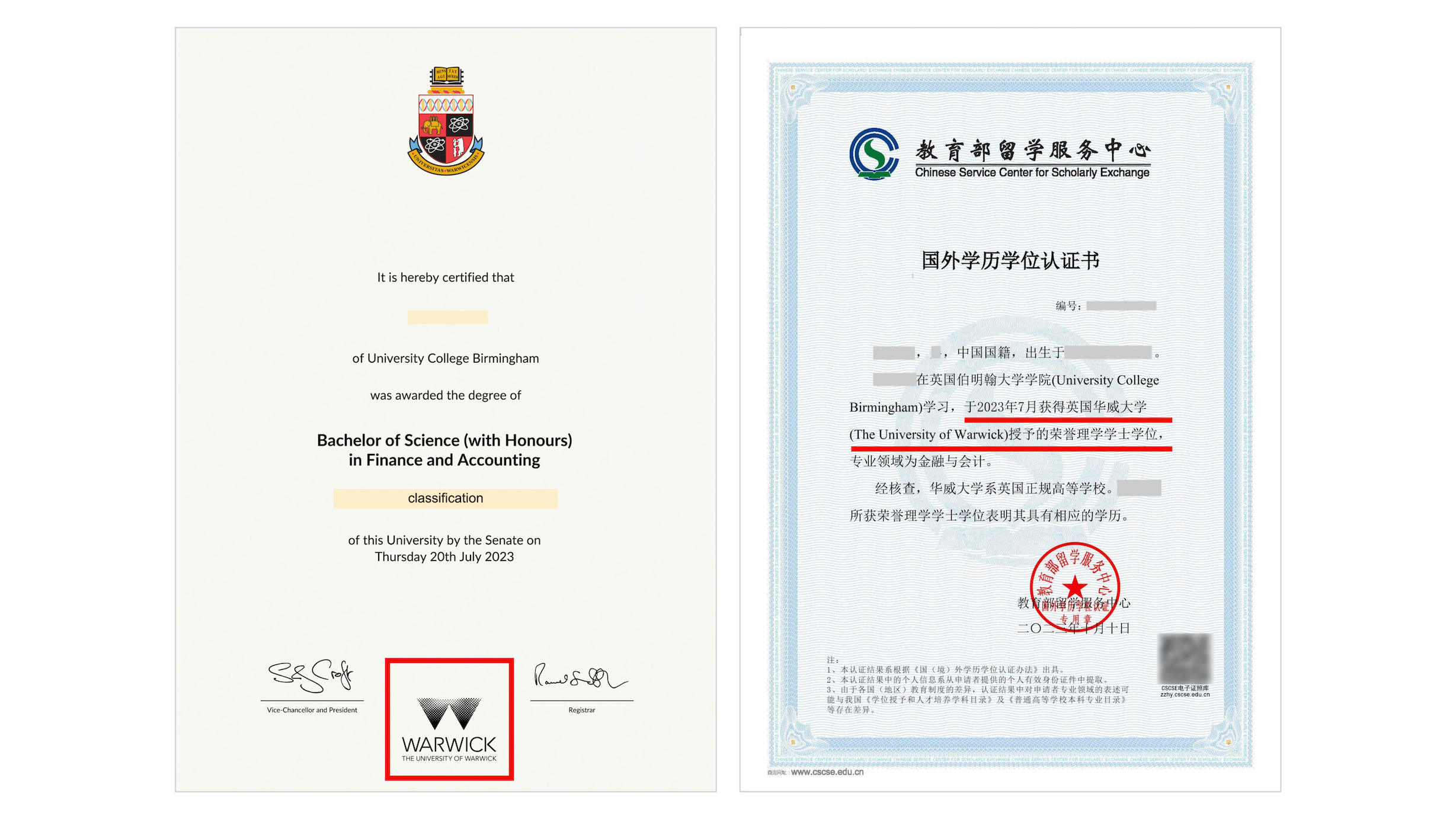均已取得华威大学授予的本科及硕士学位证书，并已得到中留服官方认证。